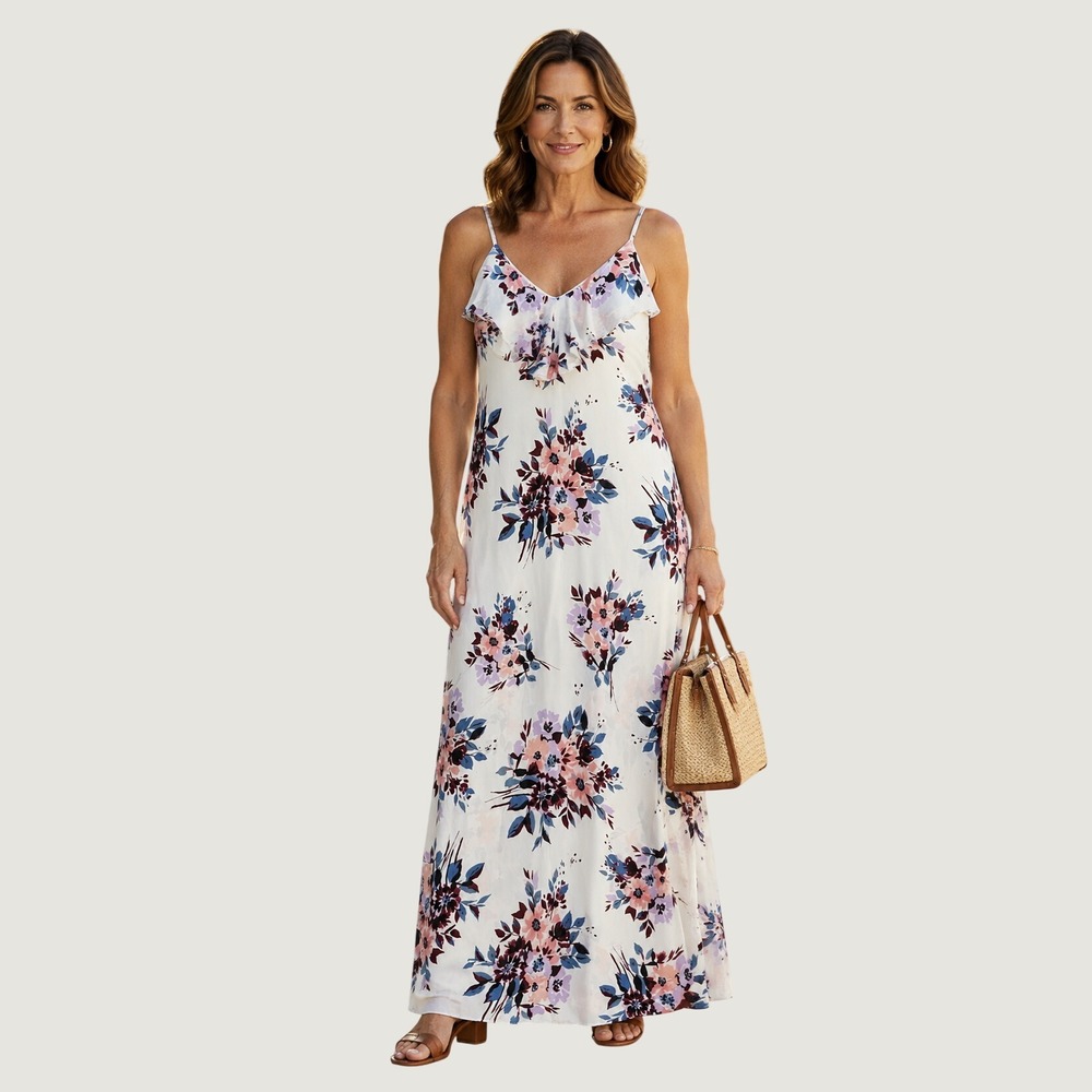 Treebain Floral Maxi Dress Women  Size S Sleeveless Ruffle‎ Summer Casual Boho